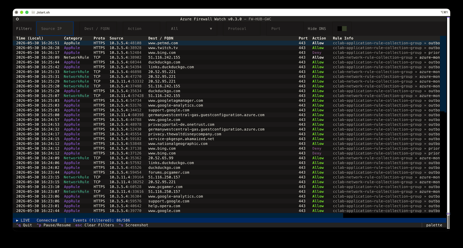 az-firewall-watch: live Azure Firewall log table with filter bar in the terminal